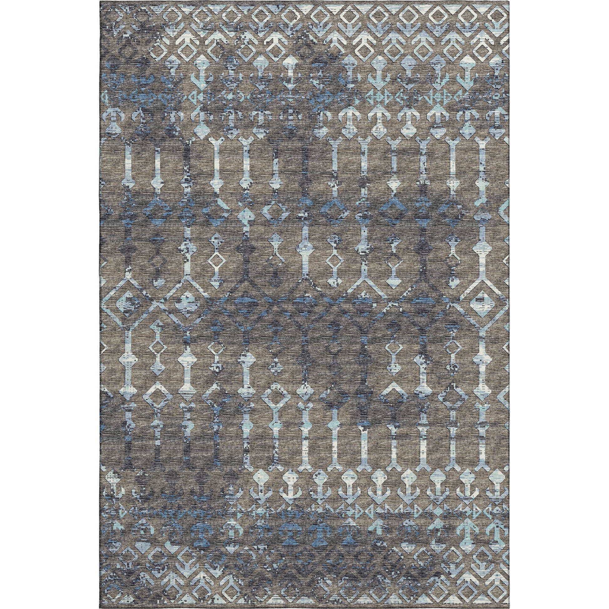 5' X 8' Burnished Brown And Blue Tribal Washable Area Rug With UV Protection - Look Good Store