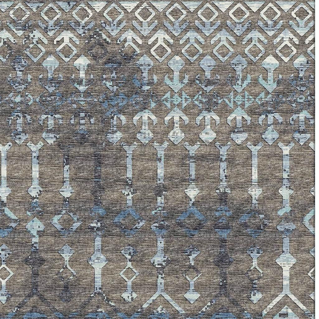 5' X 8' Burnished Brown And Blue Tribal Washable Area Rug With UV Protection - Look Good Store