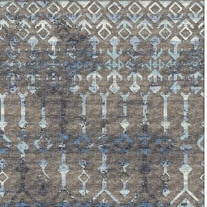 5' X 8' Burnished Brown And Blue Tribal Washable Area Rug With UV Protection - Look Good Store