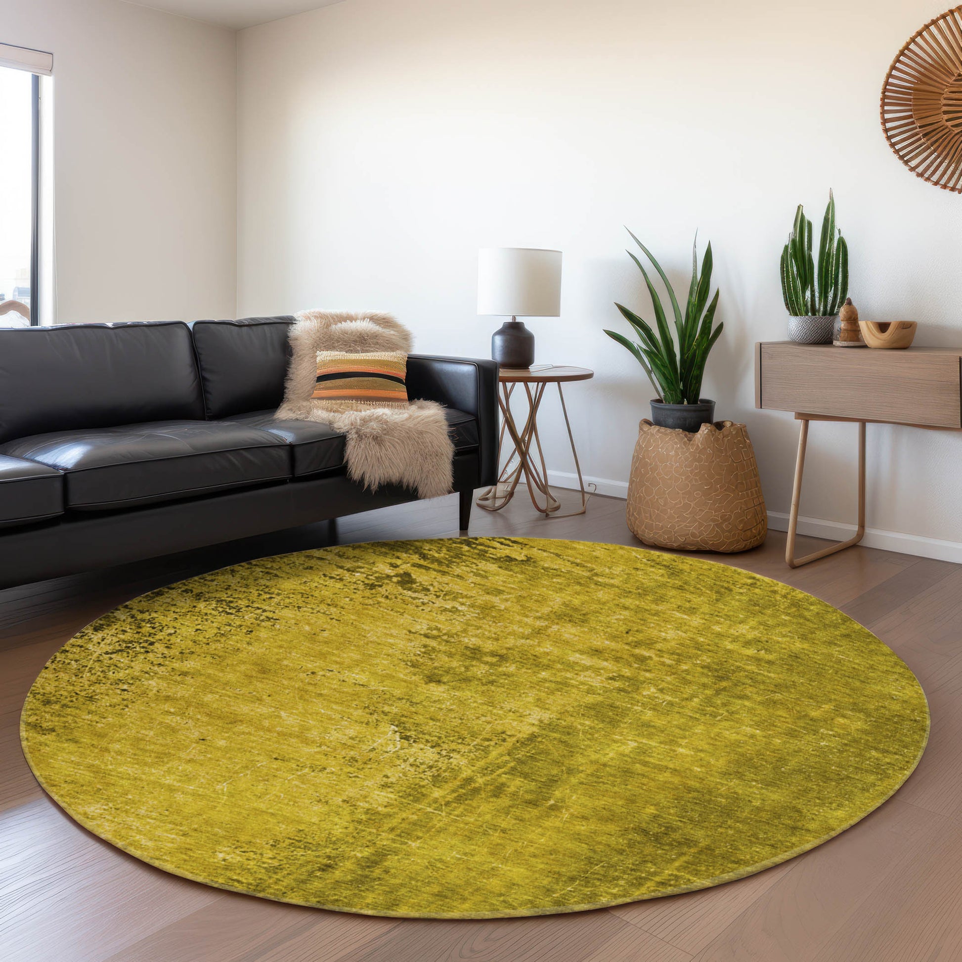 8' Gold And Gray Abstract Washable Round Rug With UV Protection - Look Good Store