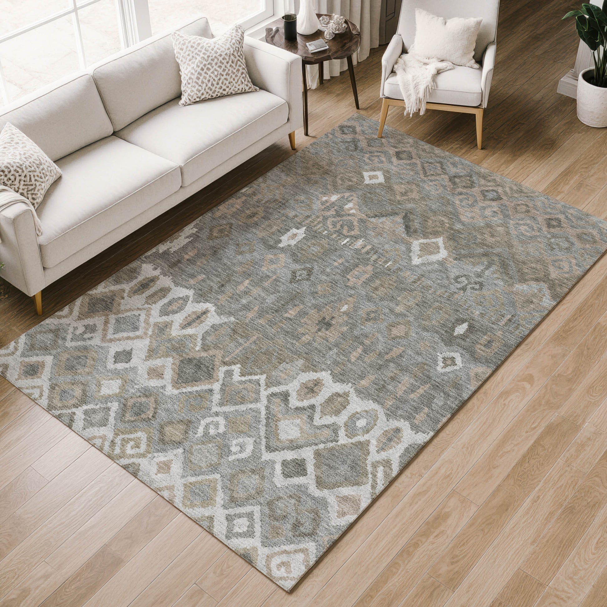 8' X 10' Pewter Ivory And Tan Geometric Washable Indoor Outdoor Area Rug - Look Good Store