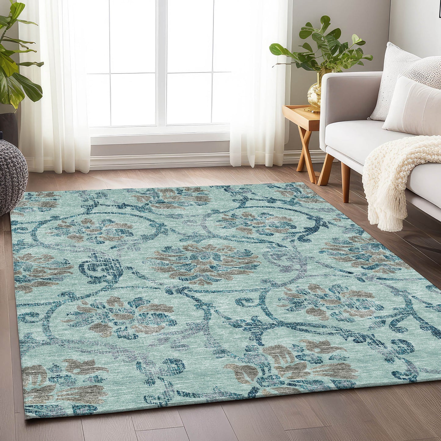 8' X 10' Teal And Gray Floral Washable Area Rug With UV Protection - Look Good Store