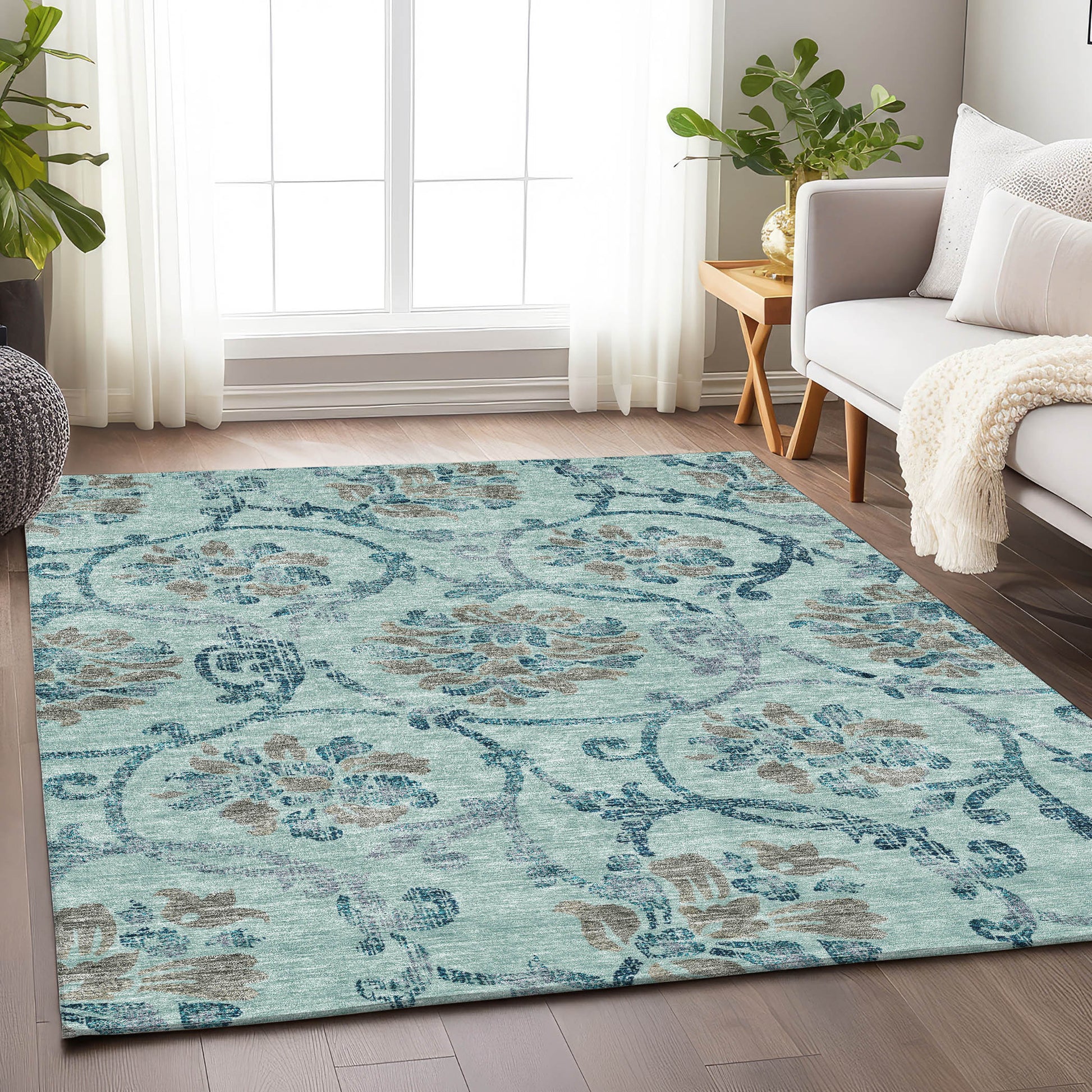 8' X 10' Teal And Gray Floral Washable Area Rug With UV Protection - Look Good Store