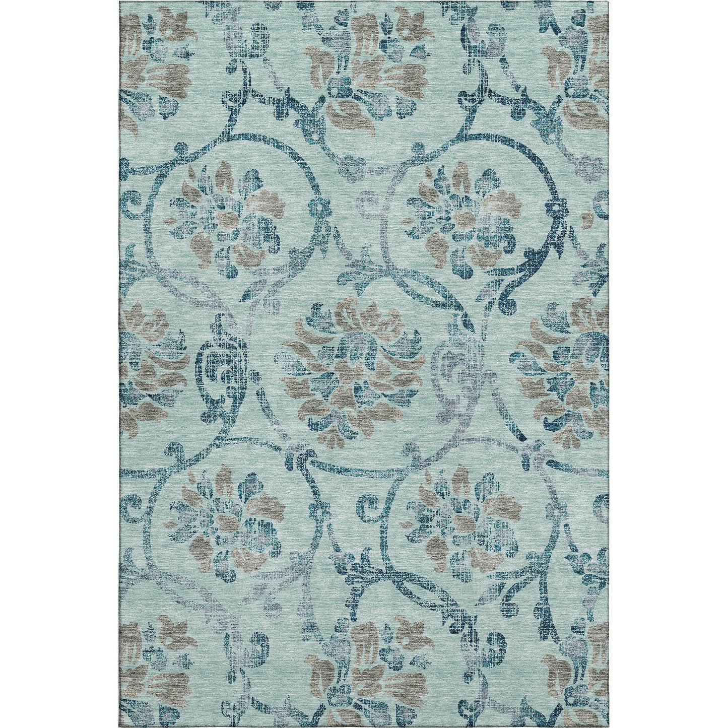 8' X 10' Teal And Gray Floral Washable Area Rug With UV Protection - Look Good Store