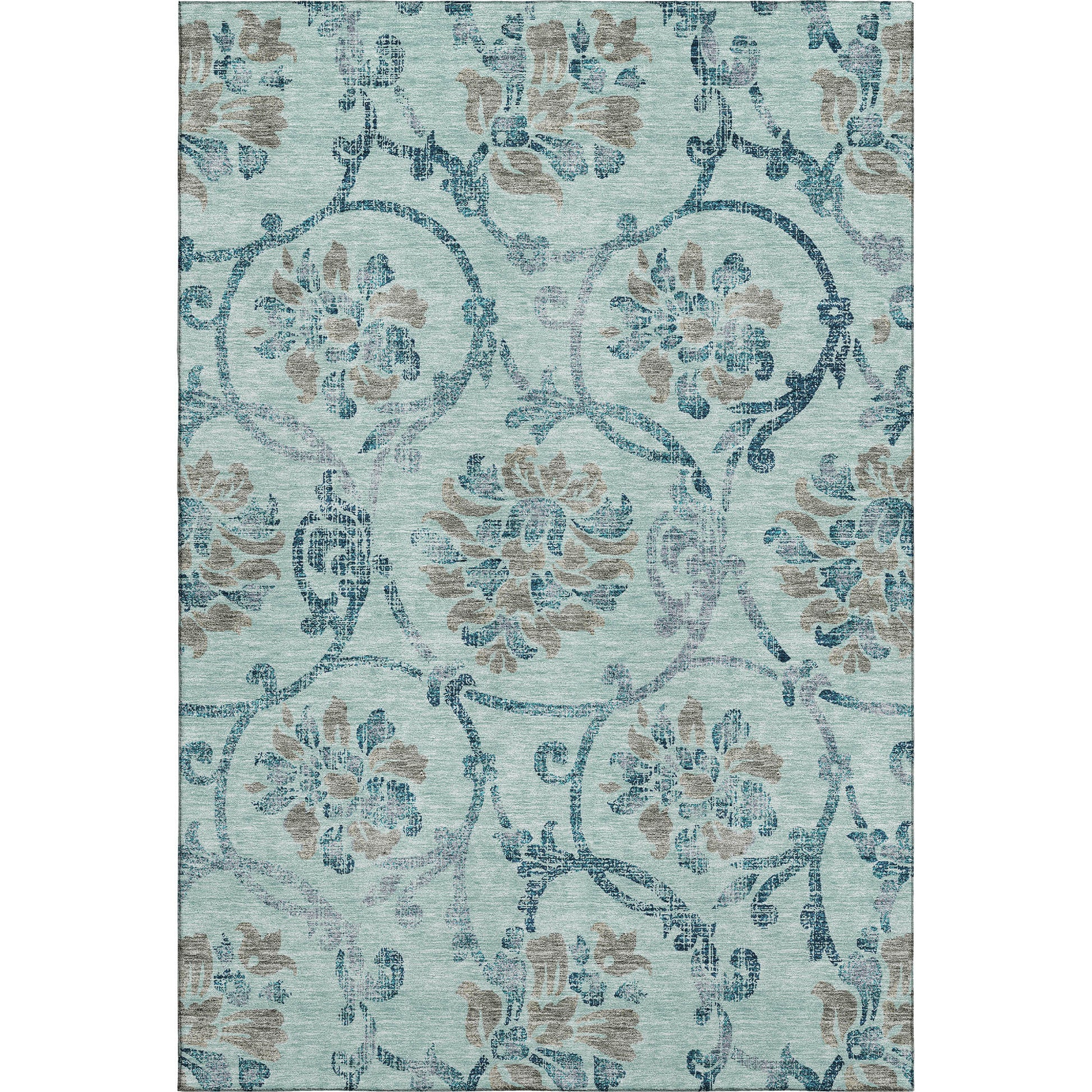 8' X 10' Teal And Gray Floral Washable Area Rug With UV Protection - Look Good Store