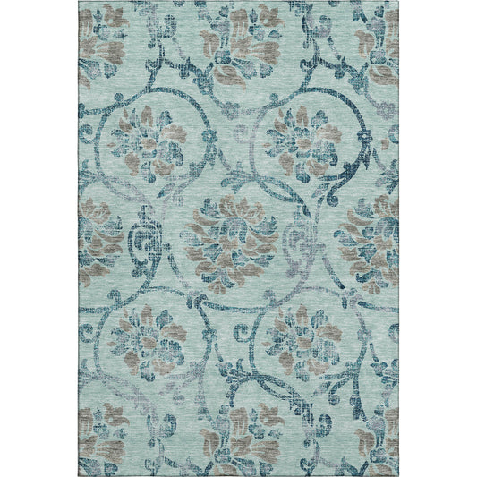 8' X 10' Teal And Gray Floral Washable Area Rug With UV Protection - Look Good Store