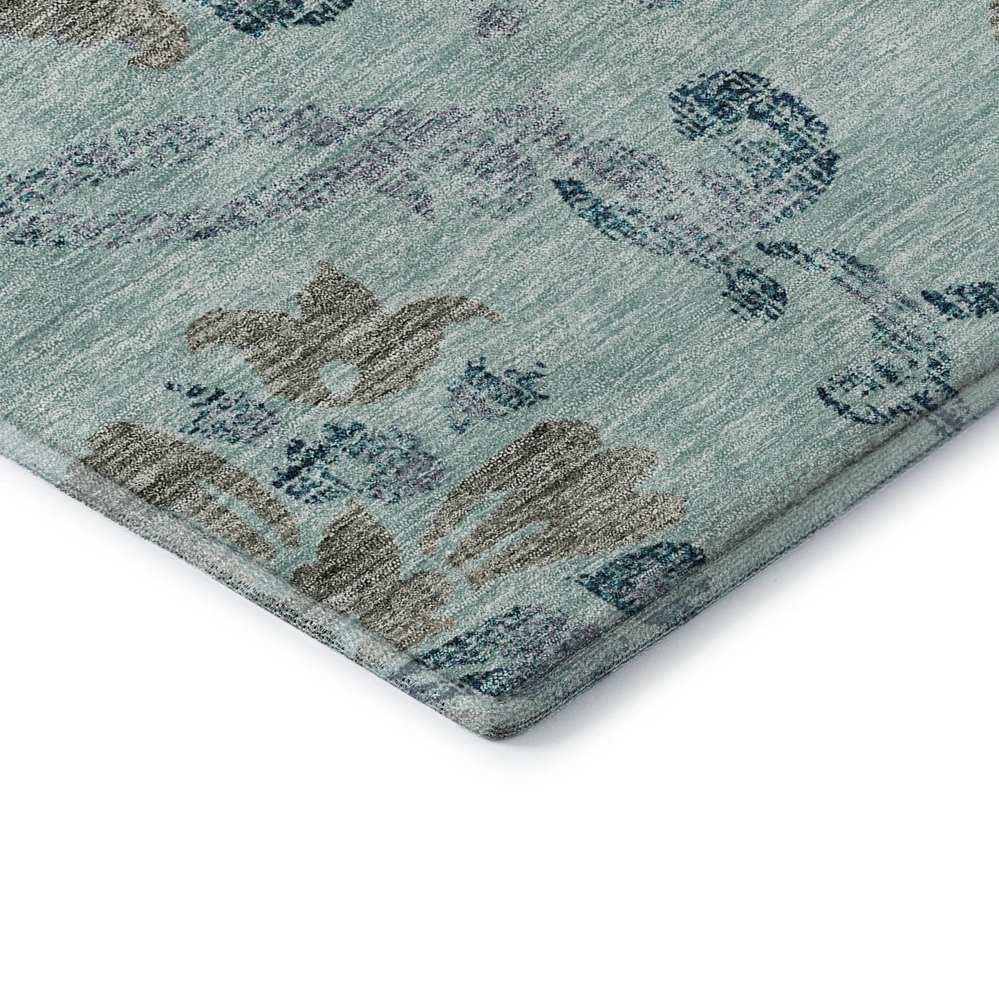 8' X 10' Teal And Gray Floral Washable Area Rug With UV Protection - Look Good Store