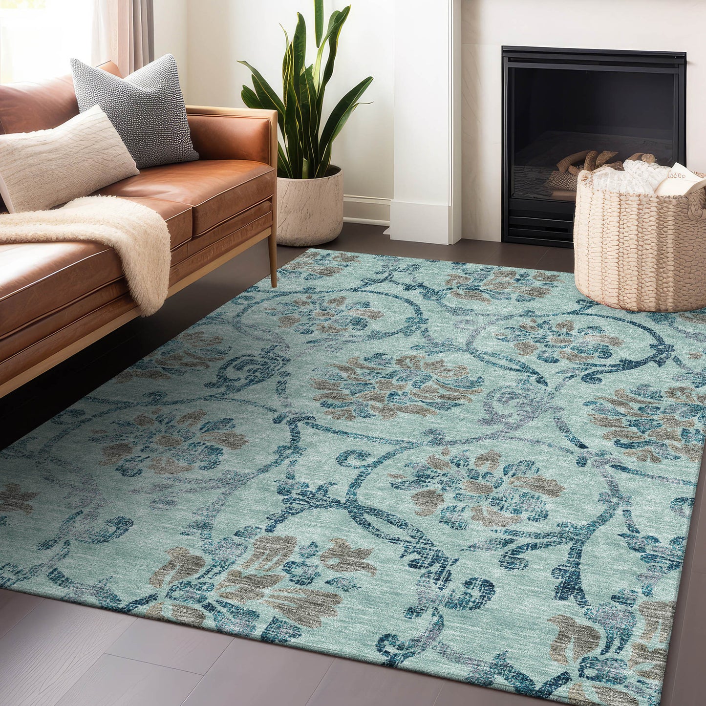 8' X 10' Teal And Gray Floral Washable Area Rug With UV Protection - Look Good Store