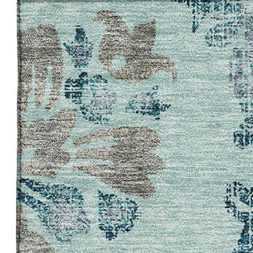 8' X 10' Teal And Gray Floral Washable Area Rug With UV Protection - Look Good Store
