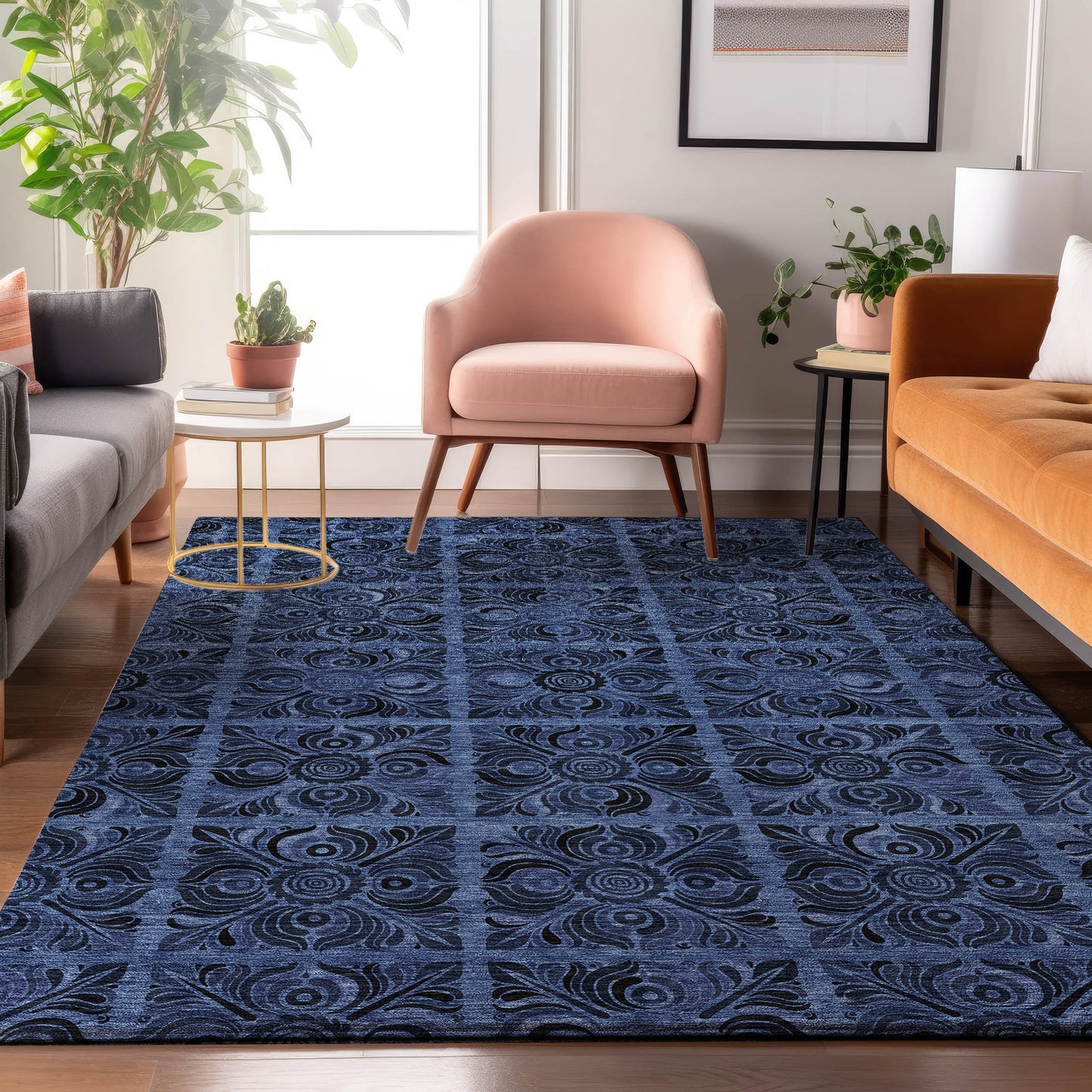 10' X 14' Denim Blue And Charcoal Medallion Washable Area Rug With UV Protection - Look Good Store