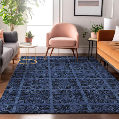 10' X 14' Denim Blue And Charcoal Medallion Washable Area Rug With UV Protection - Look Good Store