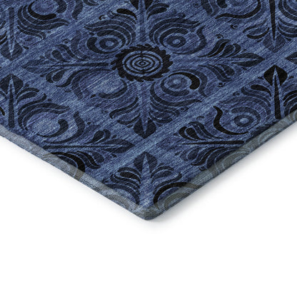 10' X 14' Denim Blue And Charcoal Medallion Washable Area Rug With UV Protection - Look Good Store