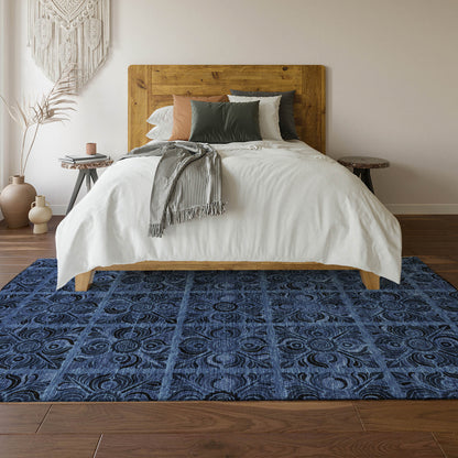 10' X 14' Denim Blue And Charcoal Medallion Washable Area Rug With UV Protection - Look Good Store