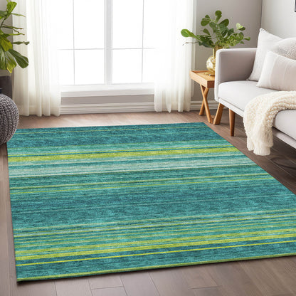 10' X 14' Teal Lime Green And Sky Blue Striped Washable Area Rug With UV Protection - Look Good Store