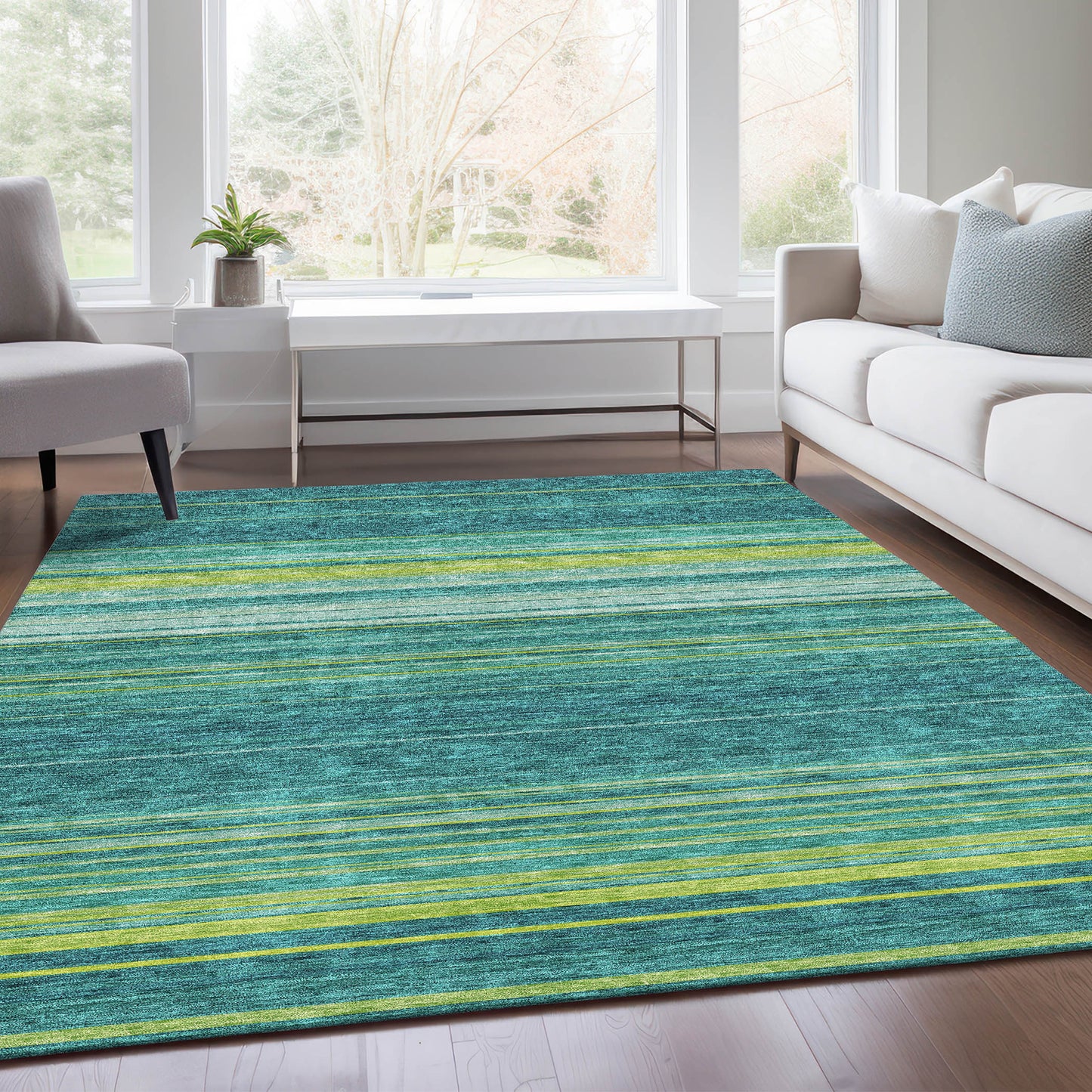 10' X 14' Teal Lime Green And Sky Blue Striped Washable Area Rug With UV Protection - Look Good Store