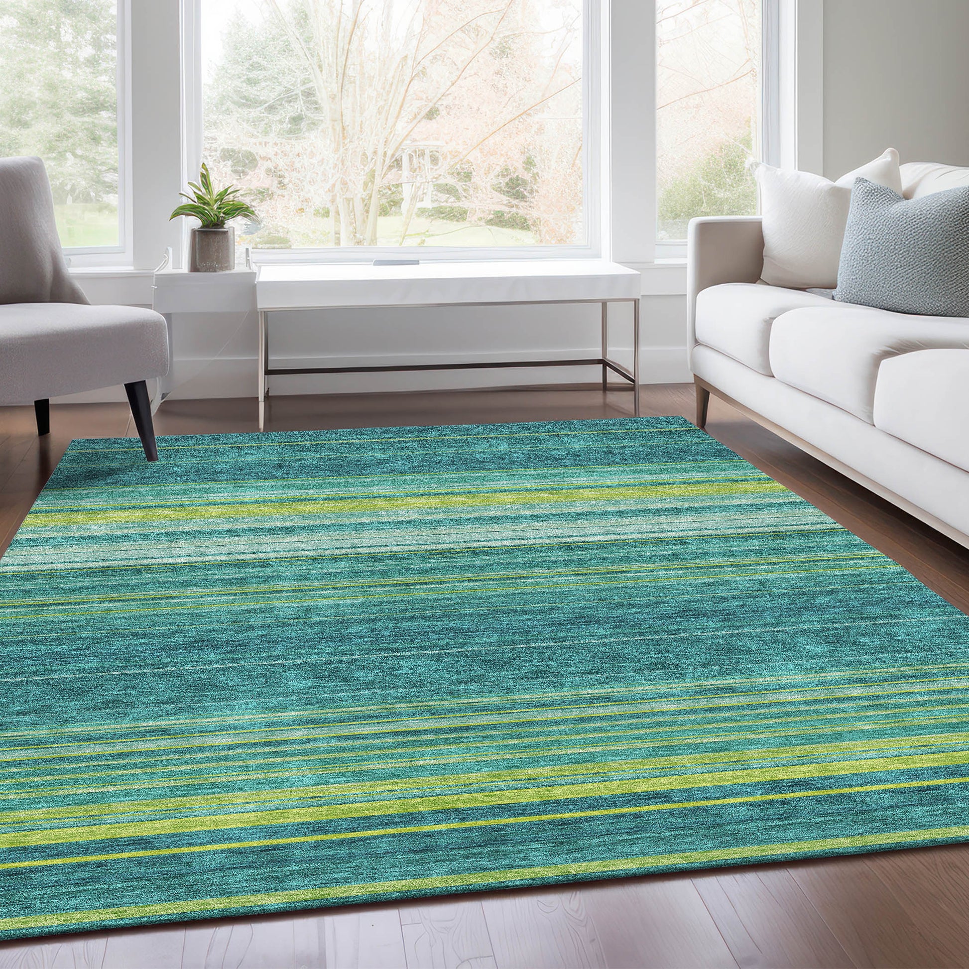 10' X 14' Teal Lime Green And Sky Blue Striped Washable Area Rug With UV Protection - Look Good Store