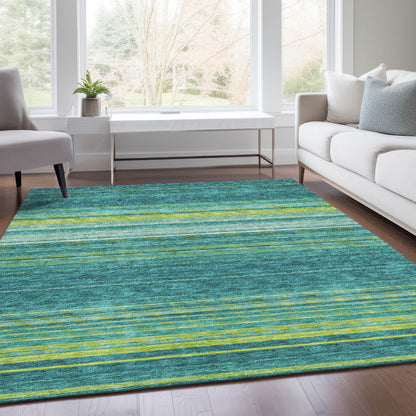 10' X 14' Teal Lime Green And Sky Blue Striped Washable Area Rug With UV Protection - Look Good Store