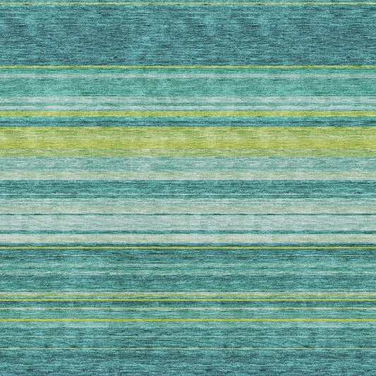 10' X 14' Teal Lime Green And Sky Blue Striped Washable Area Rug With UV Protection - Look Good Store